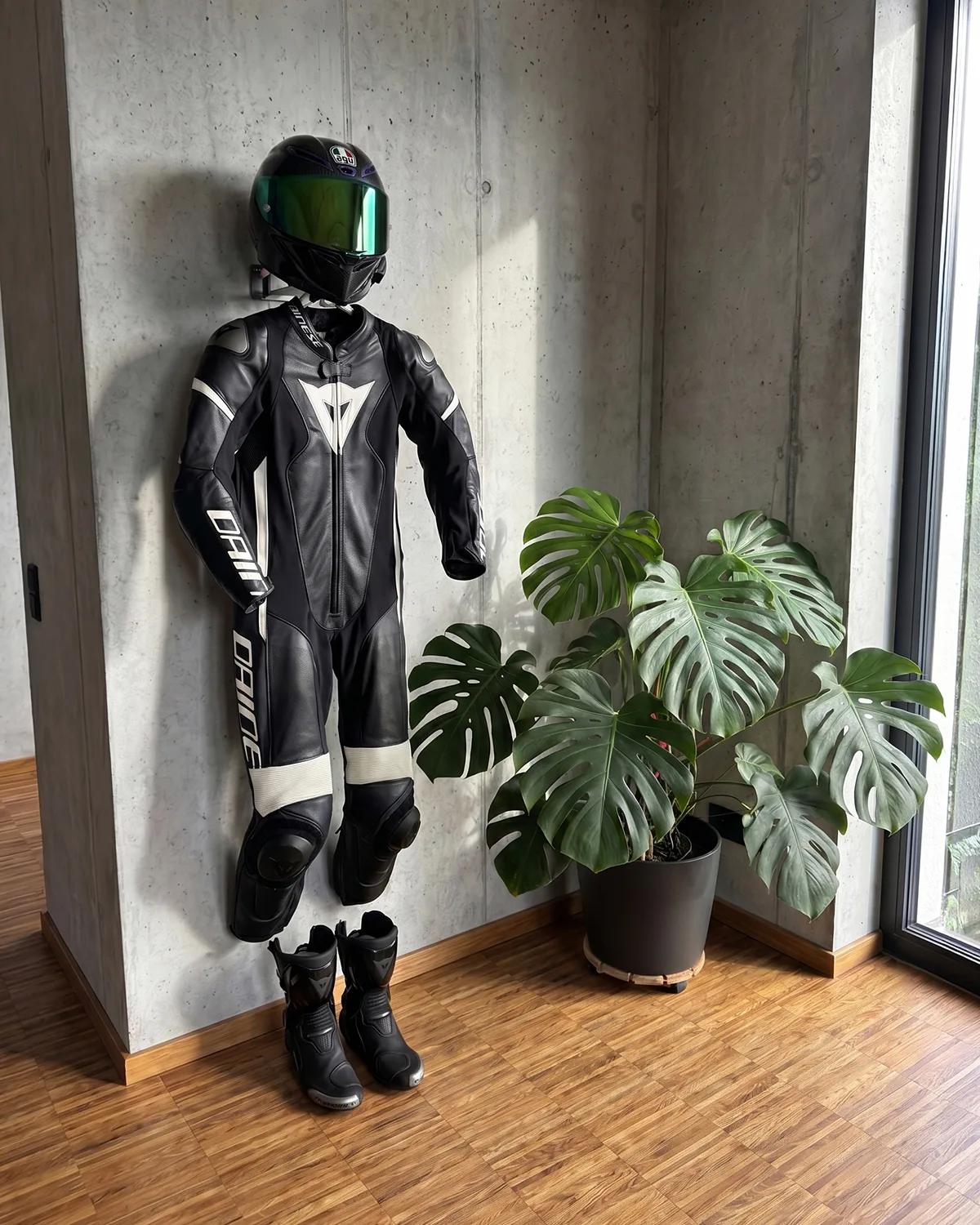 Nachher: Kombi, Helm und Stiefel an der Wand